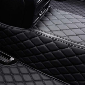 Black Leather and Black Stitching Diamond Car Mats Back Closeup