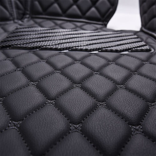 Black Leather and Black Stitching Diamond Car Mats Closeup