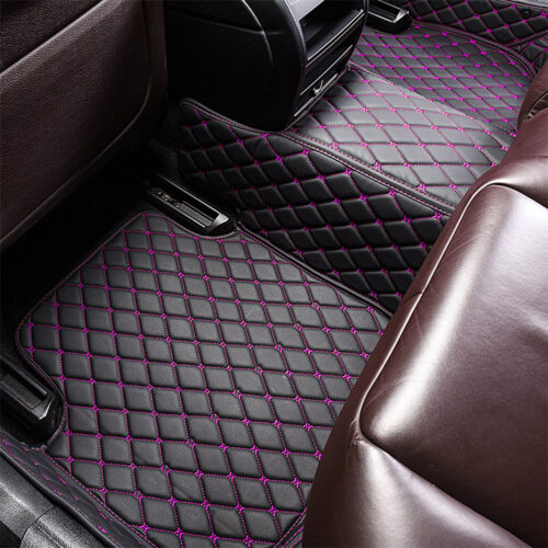 Black Leather and Purple Stitching Diamond Car Mats Back Side