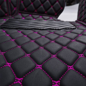 Black Leather and Purple Stitching Diamond Car Mats Closeup