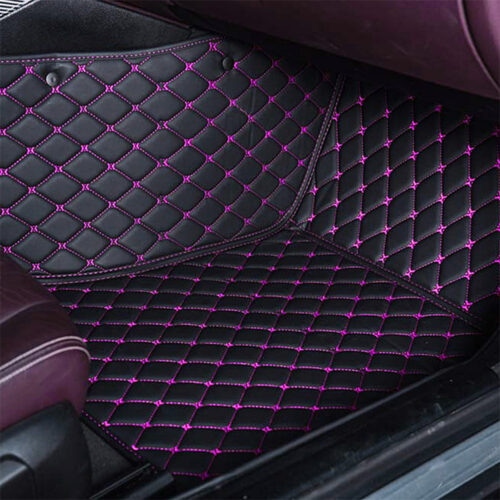 Black Leather and Purple Stitching Diamond Car Mats Passenger Side