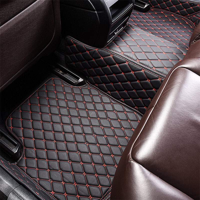 Black Leather and Red Stitching Diamond Car Mats - Auto Americans