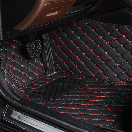 Black Leather and Red Stitching Diamond Car Mats - Auto Americans