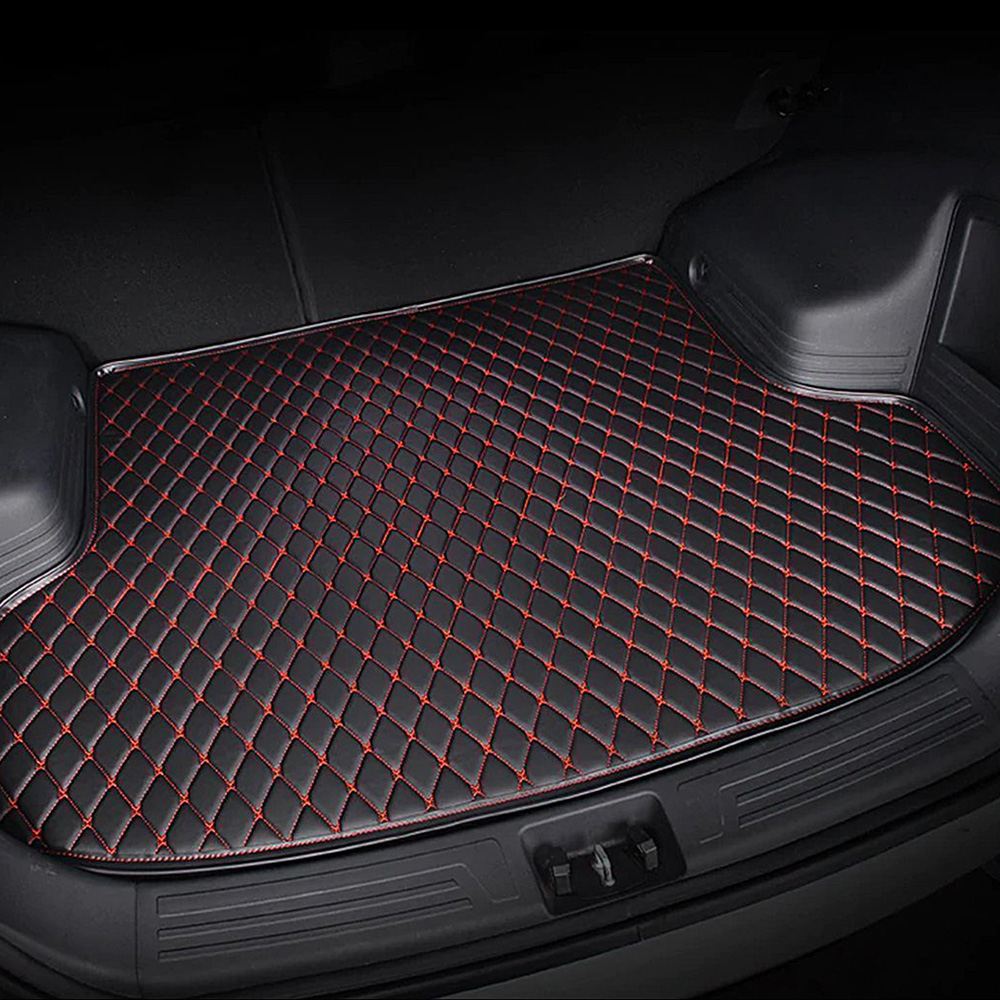 Black Leather Red Stitching & Black Double Layer Diamond Car Mats