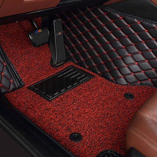 Black-Leather-and-Red-Stitching-Red-Second-Layer-Diamond-Car-Mats Driver Side