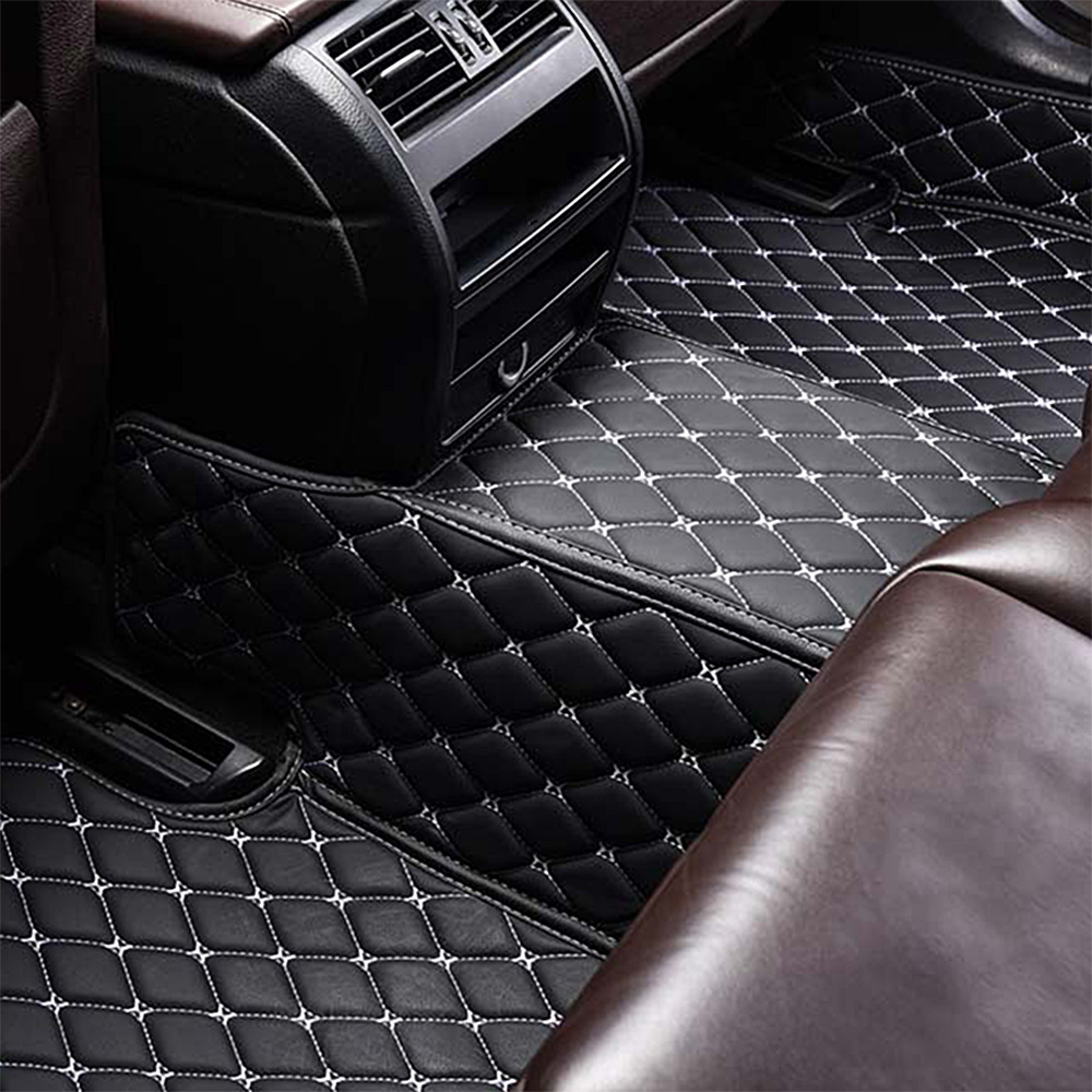 Black Leather and Black Stitching Diamond Car Mats - Auto Americans