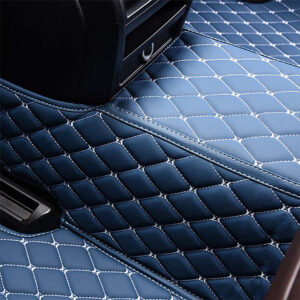 Blue Leather and White Stitching Diamond Car Mats Back Side Closeup