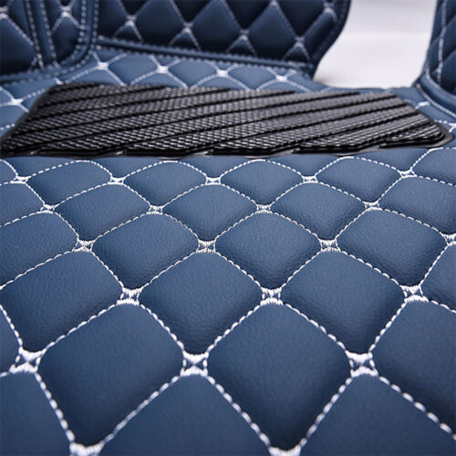 Blue Leather and White Stitching Diamond Car Mats Closeup