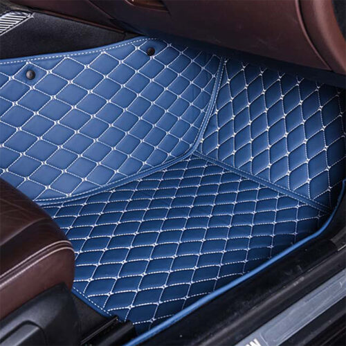 Blue Leather and White Stitching Diamond Car Mats Passenger Side