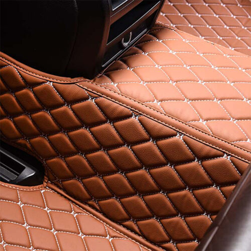 Light Brown Leather and White Stitching Diamond Car Mats Back Closeup