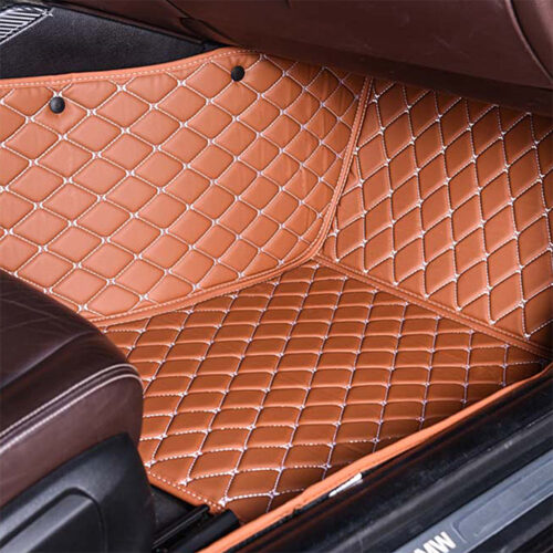 Light Brown Leather and White Stitching Diamond Car Mats Passenger Side