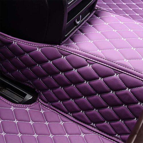 Purple Leather and White Stitching Diamond Car Mats Back Side Closeup