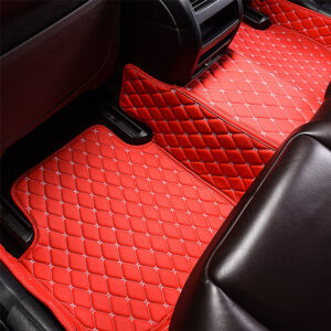 Red Leather and White Stitching Diamond Car Mats Back Side