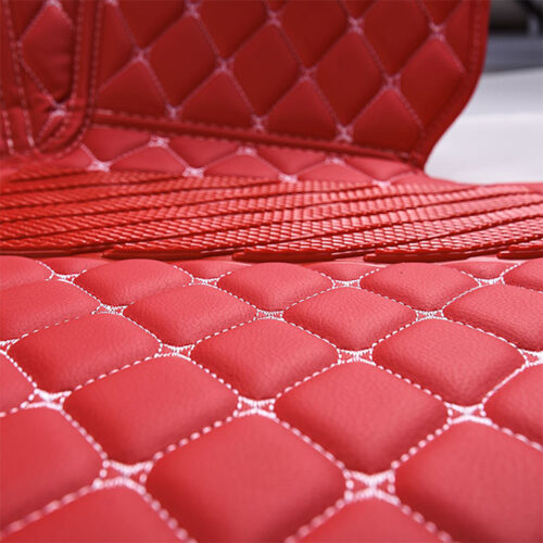 Red Leather and White Stitching Diamond Car Mats Closeup