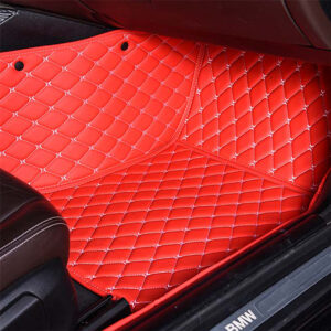Red Leather and White Stitching Diamond Car Mats Passenger Side